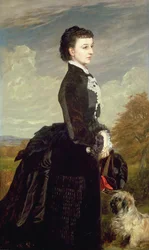 Porträt einer Dame in Schwarz mit einem Hund, 1875